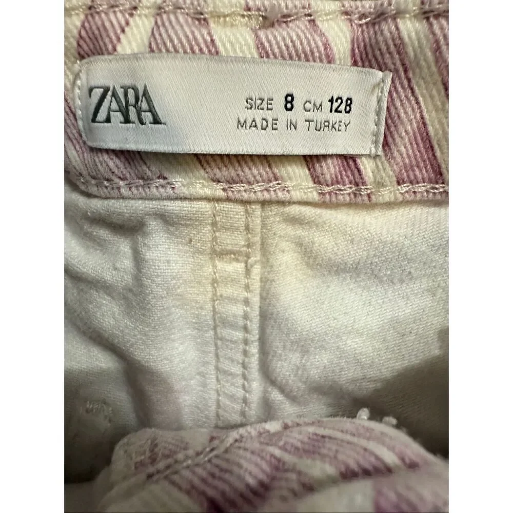 Zara Girls Wave Print Frayed Hem Cotton Denim Cut Off Shorts Pink White Size 8
